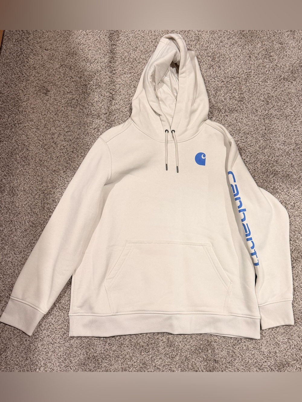 Carhartt Cream Pullover Hoodie with Blue Logo and Sleeve Script